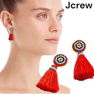 NWT Jcrew beaded red boho tassel earrings new